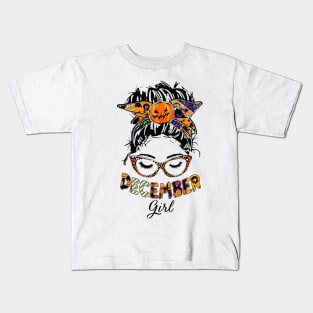 December Girl Halloween Face Wink Eyes Pumpkin Kids T-Shirt